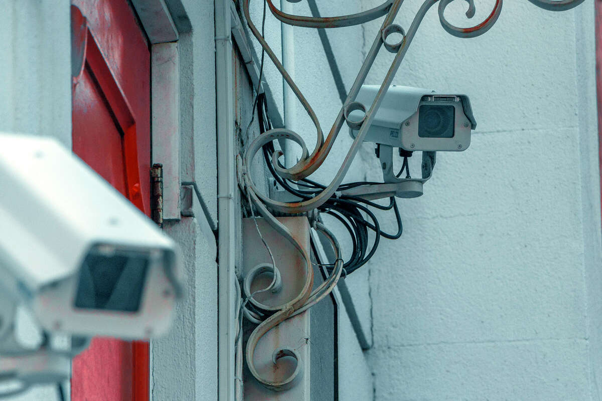 Surveillance cameras mounted on the outside of the Consulate General of Russia building in San Francisco.