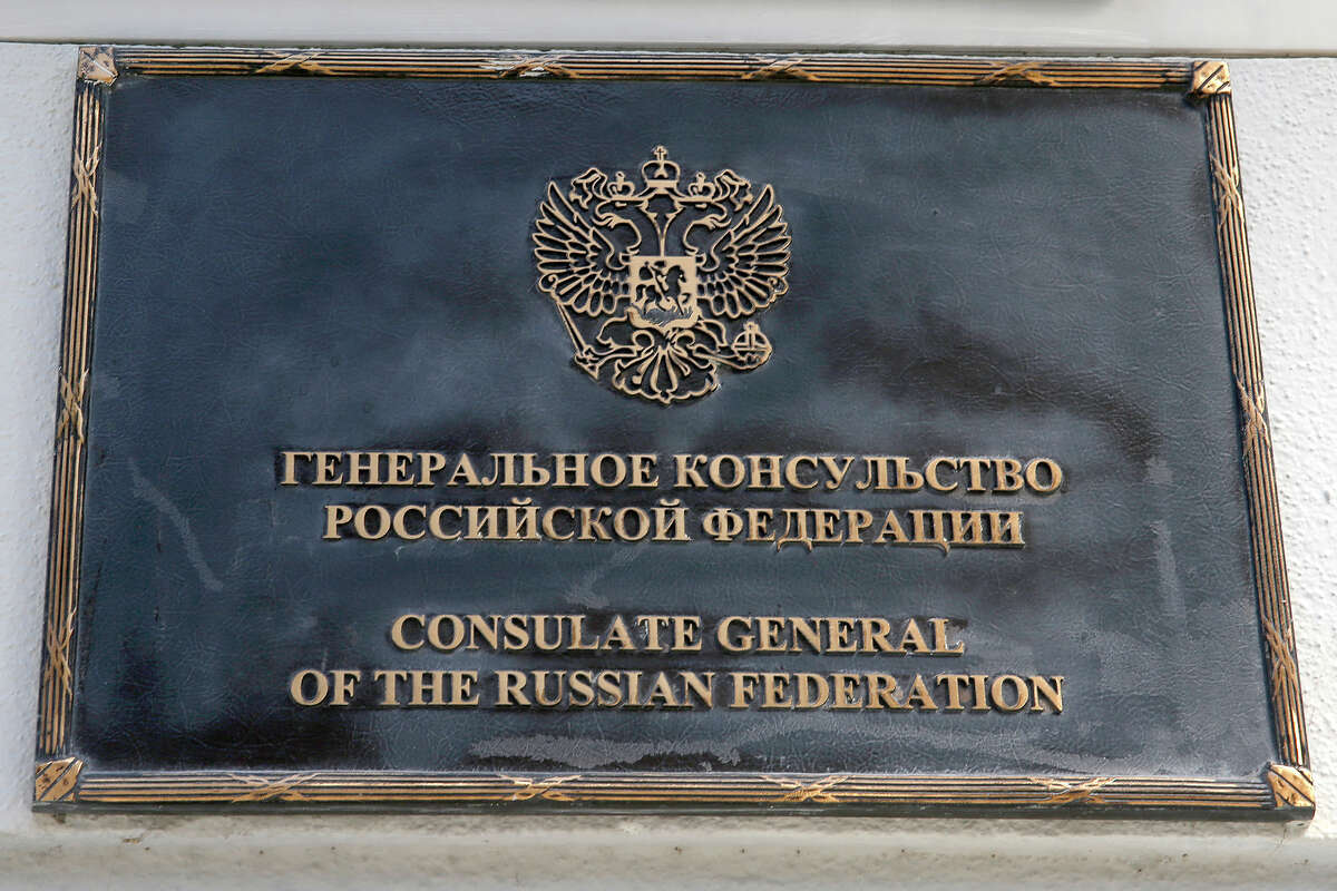 FILE: Plaque in front of the Russian Consulate building on Wednesday, Aug. 30, 2017, in San Francisco.