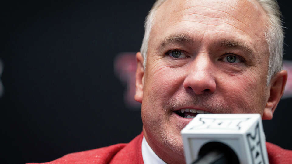 Texas Tech head coach Joey McGuire takes questions at the NCAA college football Big 12 Media Days in Arlington, Texas, Thursday, July 13, 2023. (Sara Diggins/Austin American-Statesman via AP)