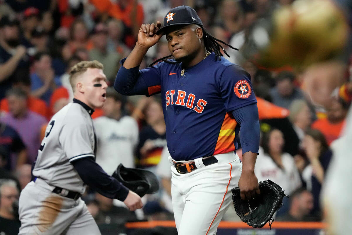 Houston Astros starting pitcher Framber Valdez (59) reacts after getting New York Yankees Aaron Judge (99) to fly out for the final out of the top of the fifth inning during Game 2 of the American League Championship Series at Minute Maid Park on Thursday, Oct. 20, 2022, in Houston.