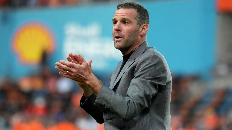 Houston Dynamo head coach Ben Olsen during the first half of a Major League Soccer game at Shell Energy Stadium on Saturday, March 25, 2023 in Houston.