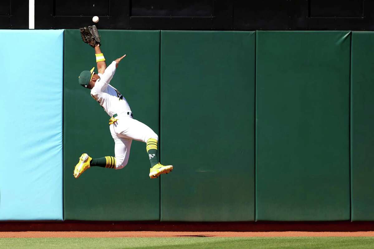 Tyler Soderstrom of the Oakland Athletics plays catcher against the News  Photo - Getty Images