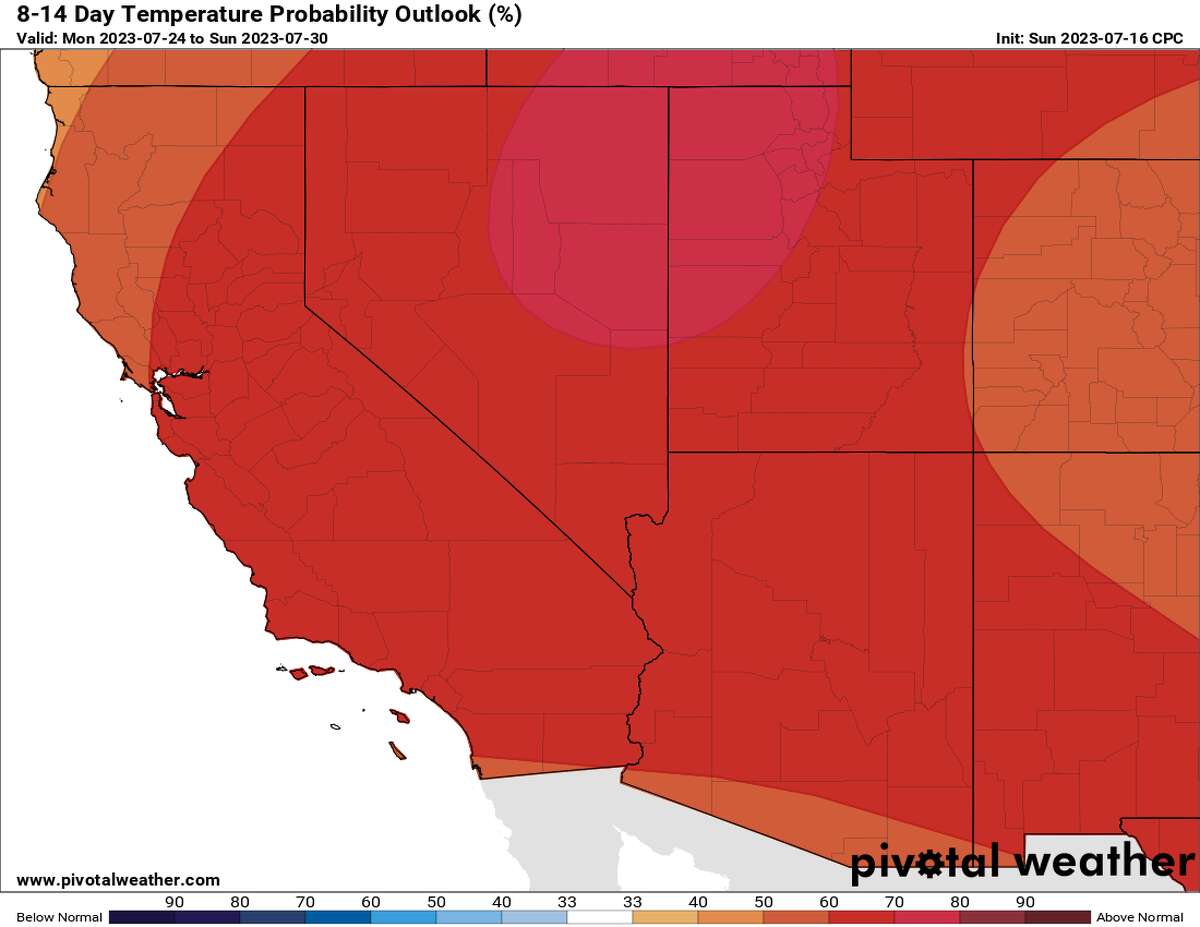 The Center for Climate Prediction projects a greater than 50% chance of warmer-than-normal temperatures across California in the last week of July.