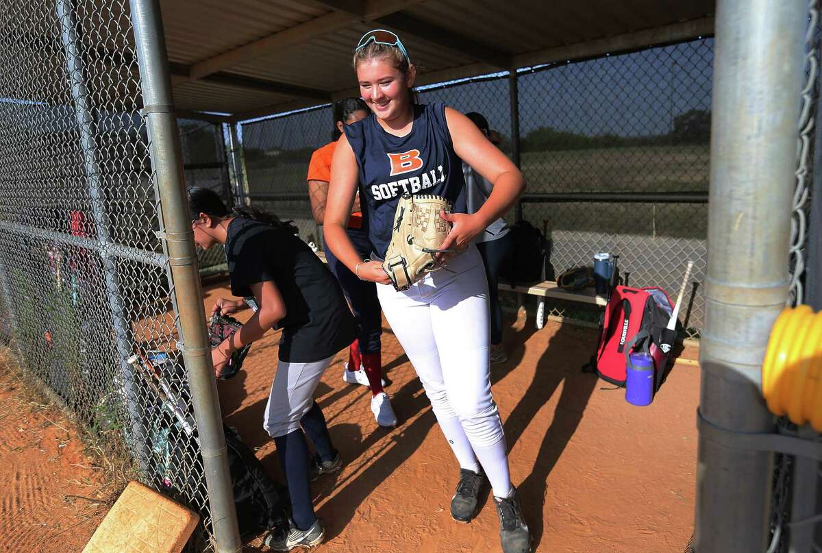 Brandeis senior Katie Hart works out with members of the softball team on Monday, July 17, 2023. Hart suffered injuries to her back and sternum from a car accident that forced her to undergo rehabilitation and physical therapy in order to get back to playing for the team.