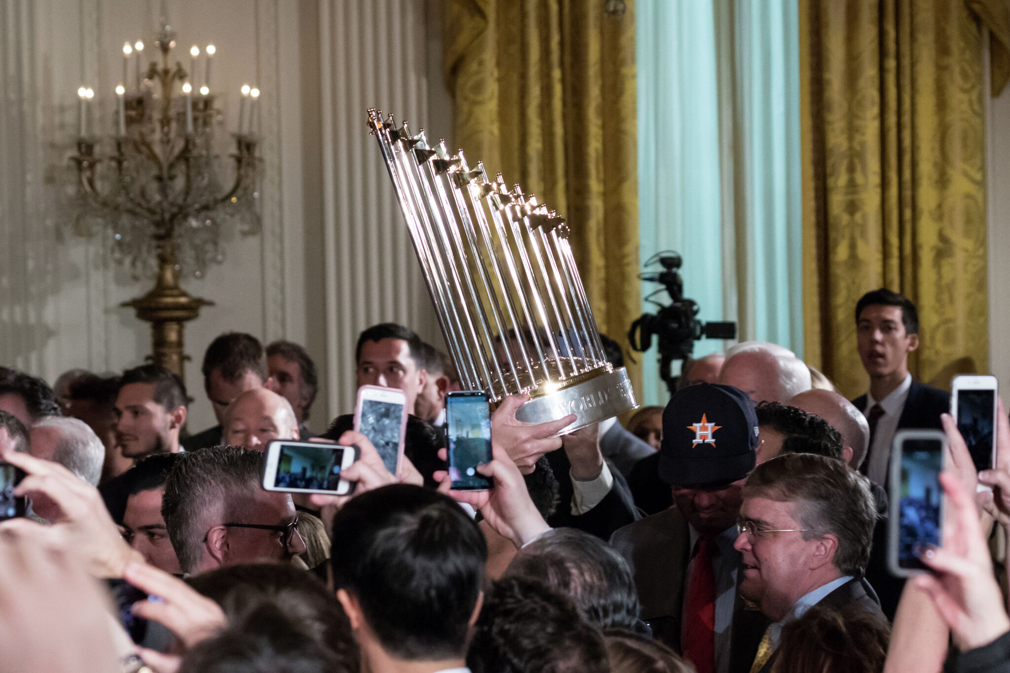 Washington, United States . 07th Aug, 2023. The World Series trophy and a  Astros jersey sits in the East Room during a ceremony hosted by President  Joe Biden to celebrate the Houston