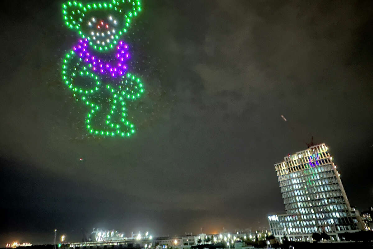 A drone show lights up the sky over McCovey Cove at Oracle Park before Dead & Companys final performance on their farewell tour in San Francisco, Calif., on Sunday, July 16, 2023.