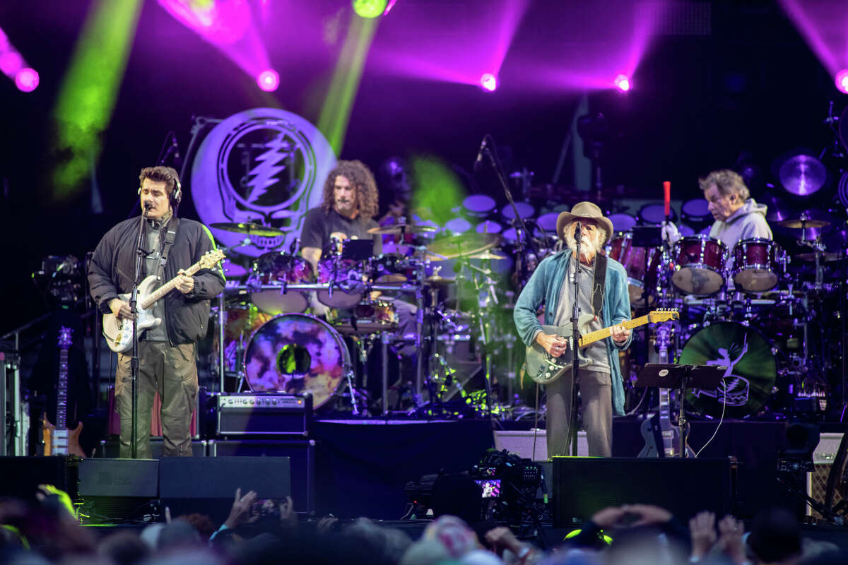 John Mayer, Jay Lane, Bob Weir and Mickey Hart of Dead & Company perform at Oracle Park on July 16, 2023, in San Francisco.