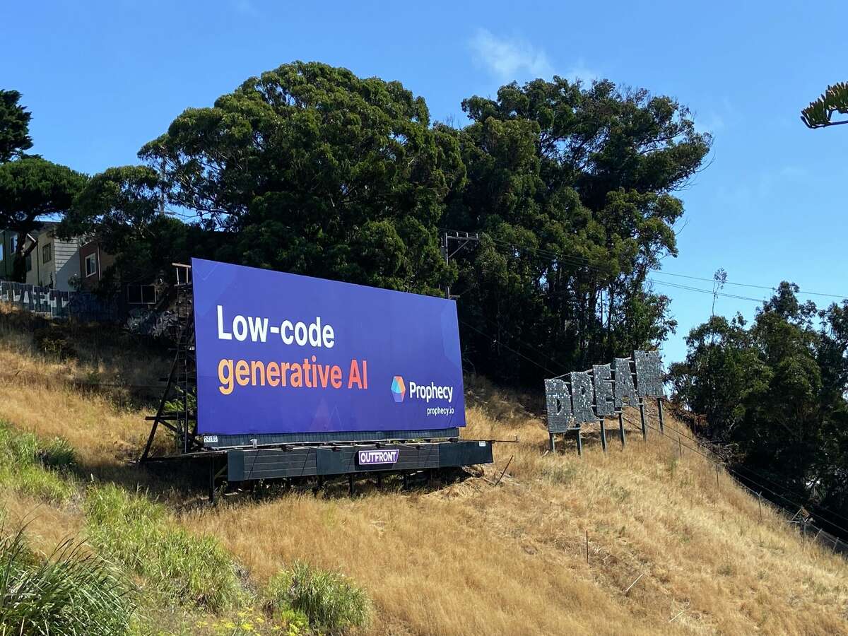 The Prophecy billboard overlooks US 101 and the Alemany Farmers Market on the outskirts of the Bernal Heights neighborhood in San Francisco on July 15, 2023.