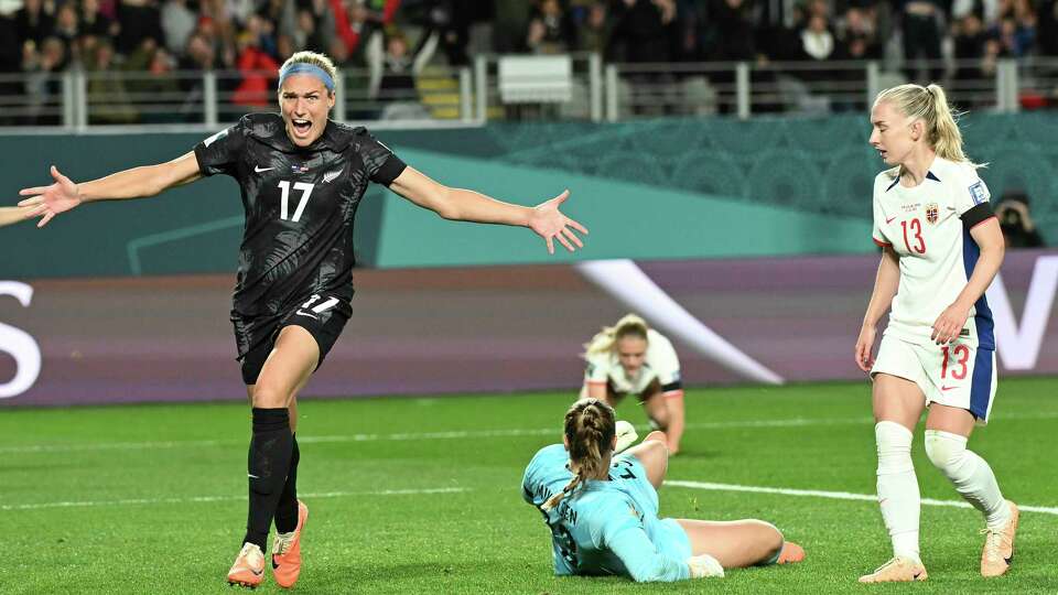 New Zealand's Hannah Wilkinson celebrates after scoring the opening goal during the Women's World Cup soccer match between New Zealand and Norway in Auckland, New Zealand, Thursday, July 20, 2023.