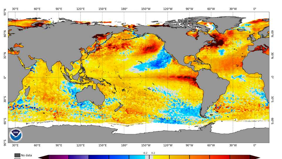 Sea surface temperatures are anomalously warm across the Atlantic and Gulf of Mexico.