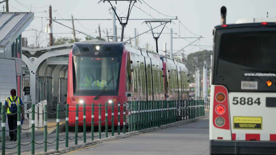 A Metropolitan Transit Authority train is shown at the stop for the Northline Transit Center, 7705 Fulton Street, on Thursday, July 20, 2023 in Houston.