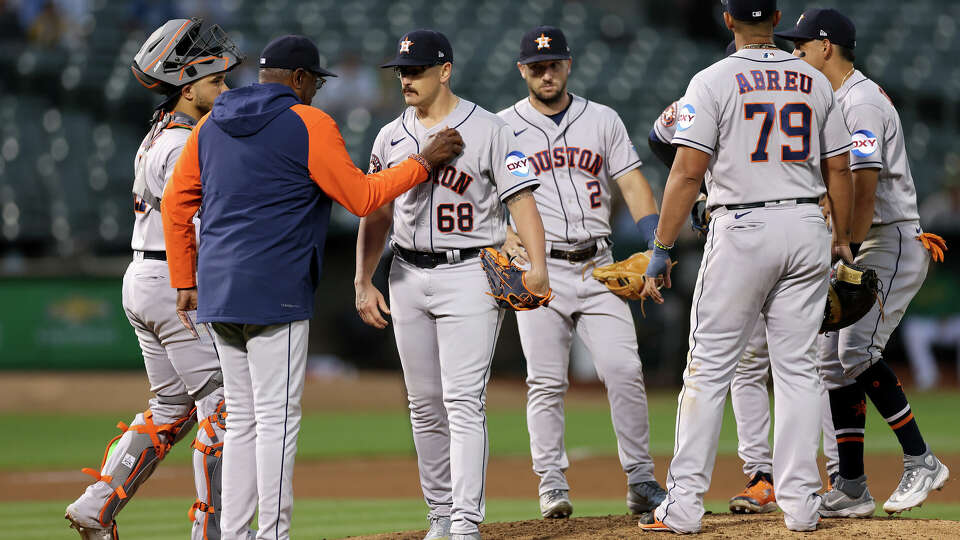 J.P. France #68 of the Houston Astros is taken out of the game by manager Dusty Baker in the eighth inning of their game against the Oakland Athletics at RingCentral Coliseum on July 20, 2023 in Oakland, California. (Photo by Ezra Shaw/Getty Images)