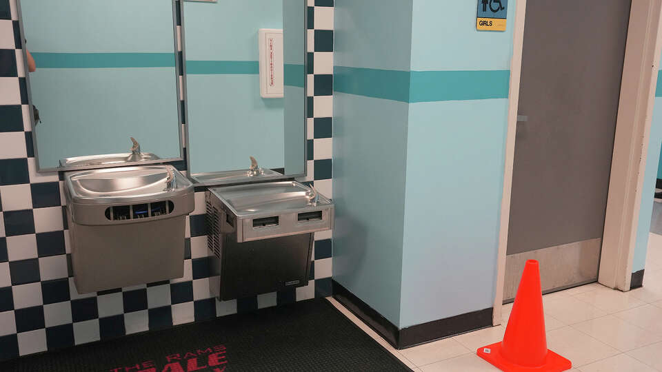 A traffic cone to be used as a bathroom pass is pictured at an NES school walkthrough for principals and administrative staff at Shadydale Elementary School in Houston, TX on July 18, 2023.