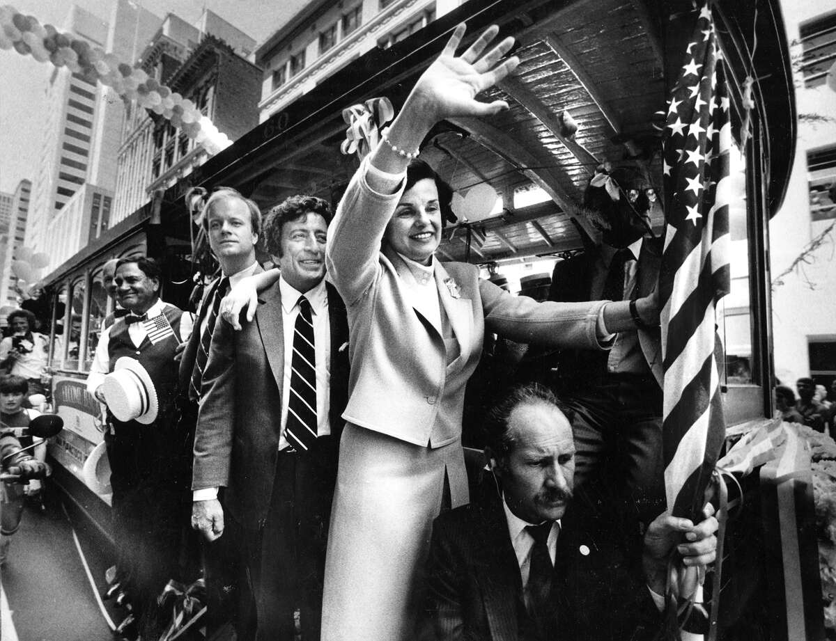 San Francisco Mayor Dianne Feinstein on a cable car with Tony Bennett, June 22, 1984.