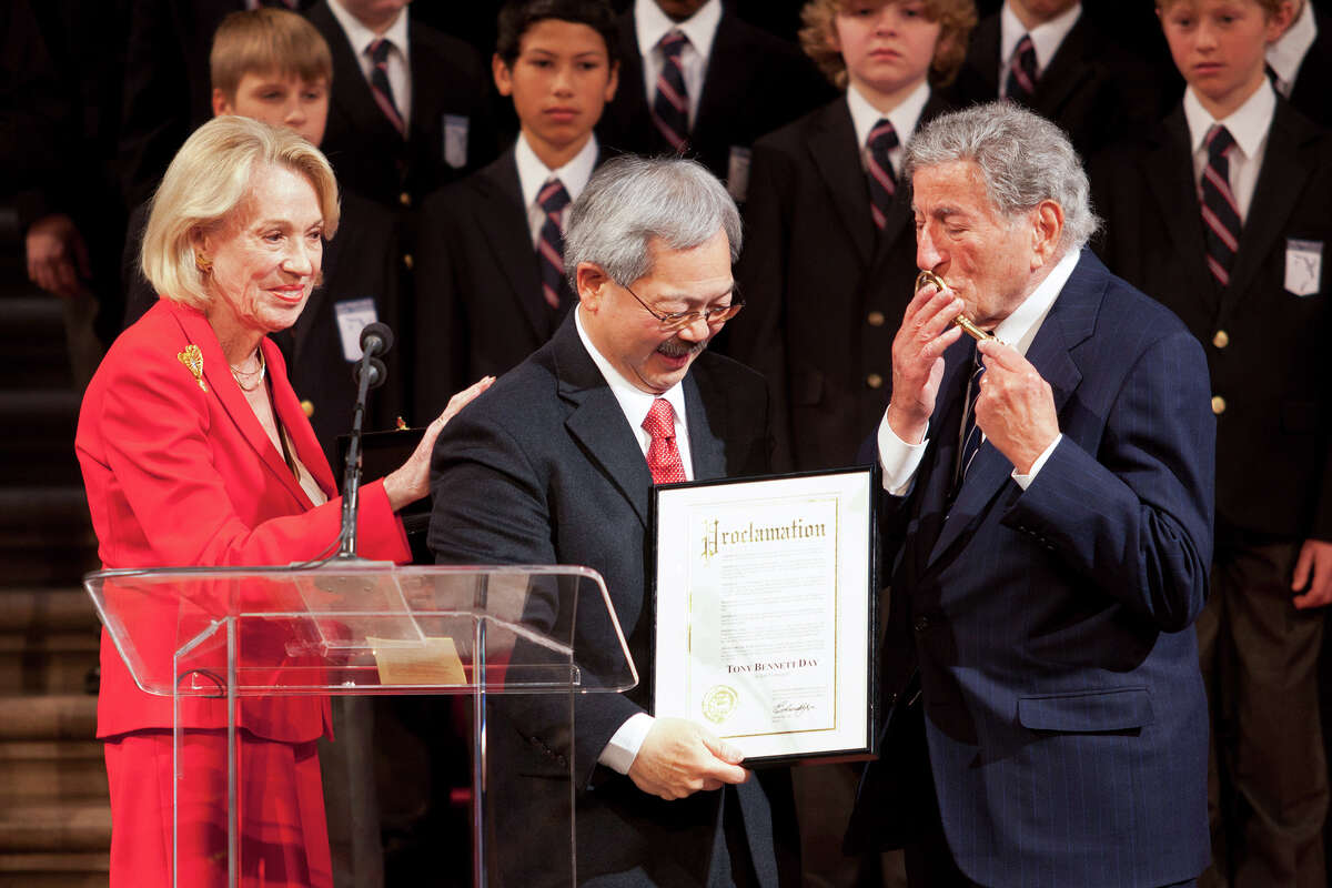 Tony Bennett, right, accepts a key to the city from Mayor Ed Lee as San Francisco City Hall celebrates the 50th Anniversary of Bennett’s first performance of “I Left My Heart In San Francisco,” on Feb. 14, 2012, in San Francisco.