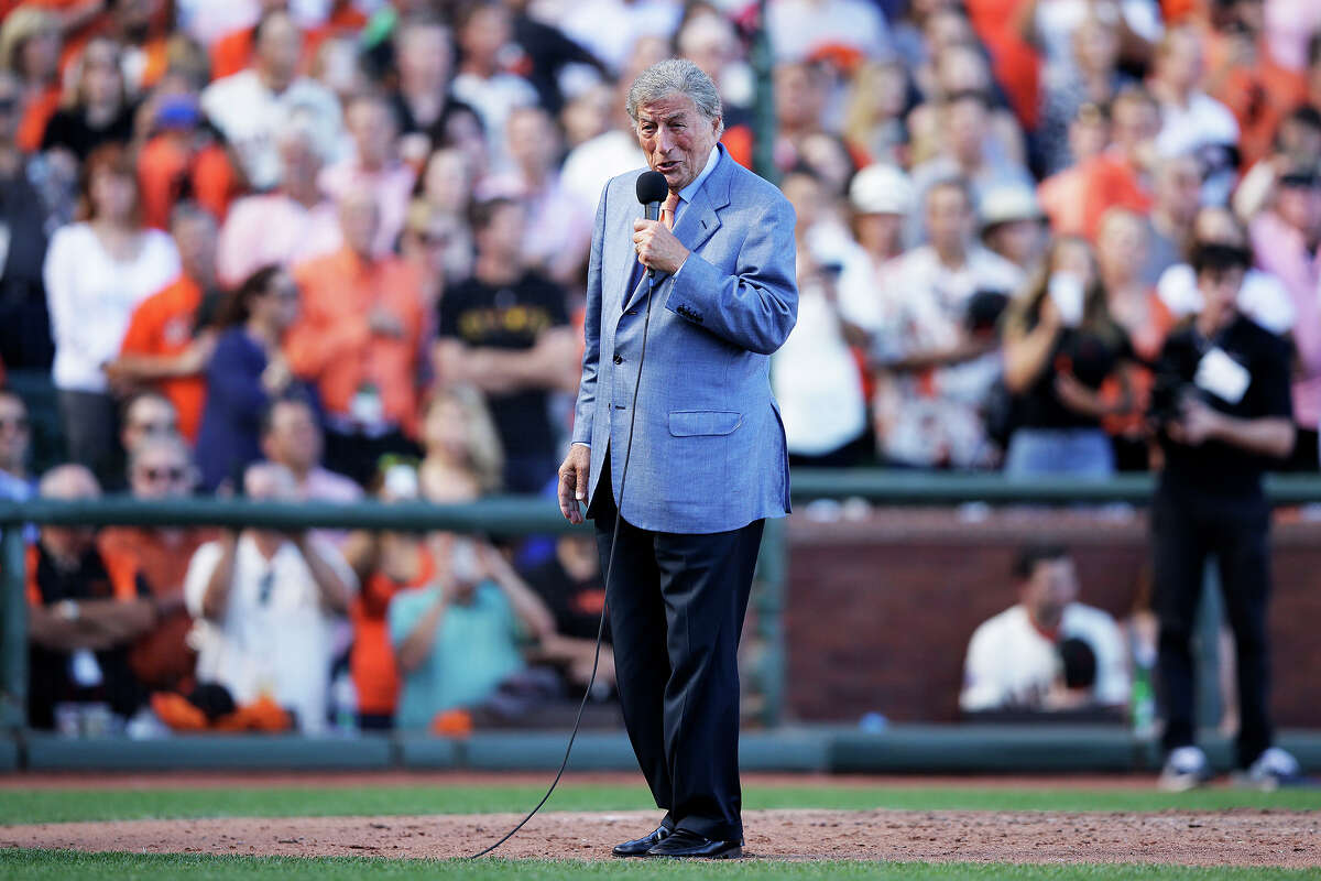 Tony Bennett sings “God Bless America” after the seventh inning of Game 3 of the National League Division Series between the San Francisco Giants and the Washington Nationals at AT&T Park on Oct. 6, 2014, in San Francisco.