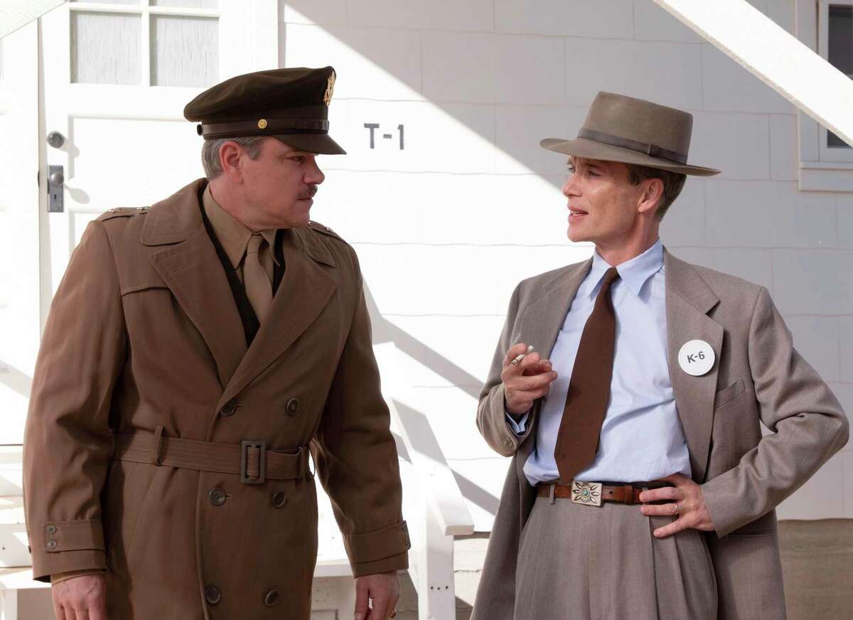 This image released by Universal Pictures shows Matt Damon as Gen. Leslie Groves, left, and Cillian Murphy as J. Robert Oppenheimer in a scene from “Oppenheimer.” 