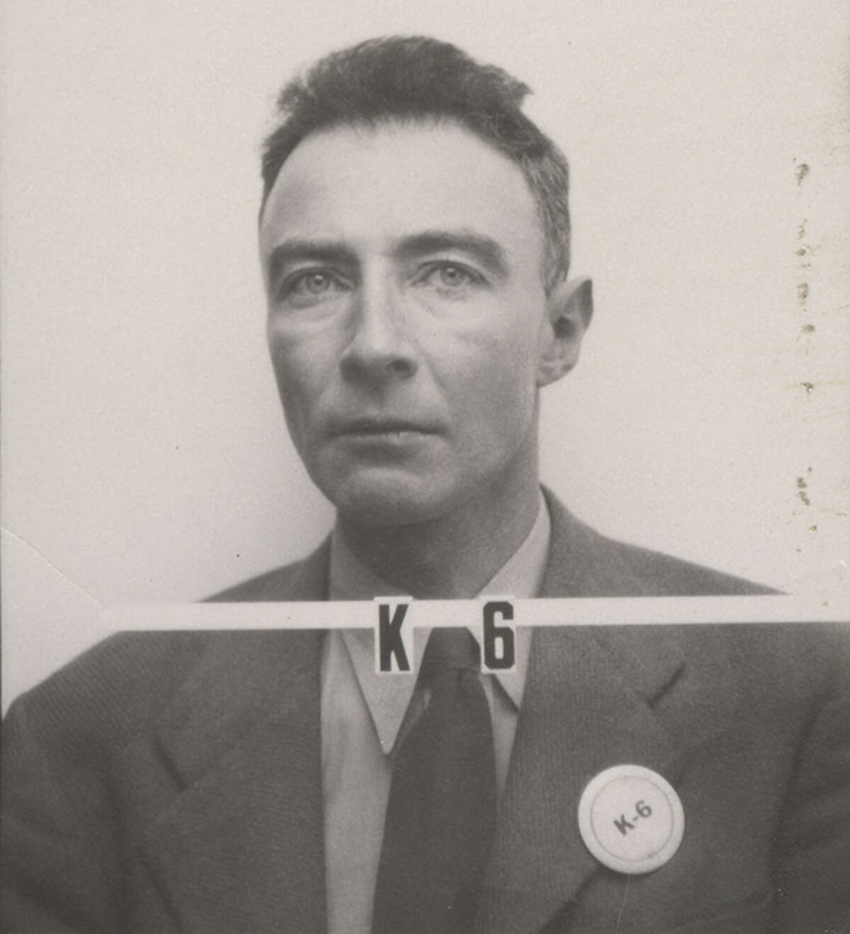 J. Robert Oppenheimer’s security badge photo taken for the Los Alamos site during the Manhattan Project.