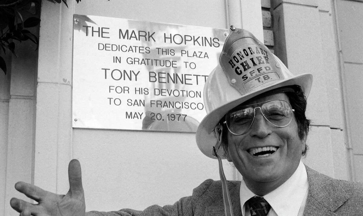 Singer Tony Bennett at the Mark Hopkins Hotel at the dedication of their plaza to him, May 20, 1977. Bennett was named honorary fire chief.