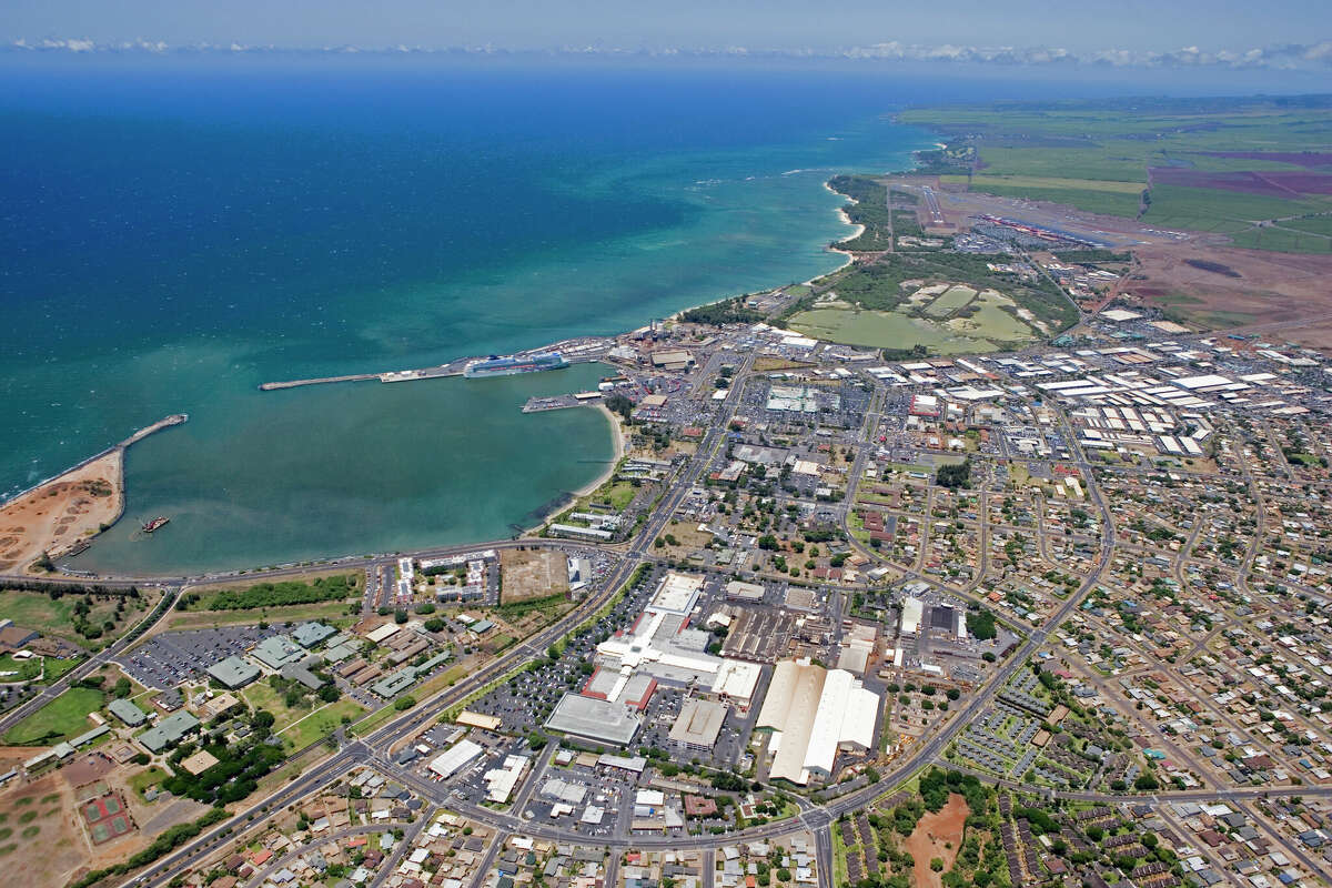 An aerial view of Kahului in Central Maui, where residents are sometimes urged to conserve water.