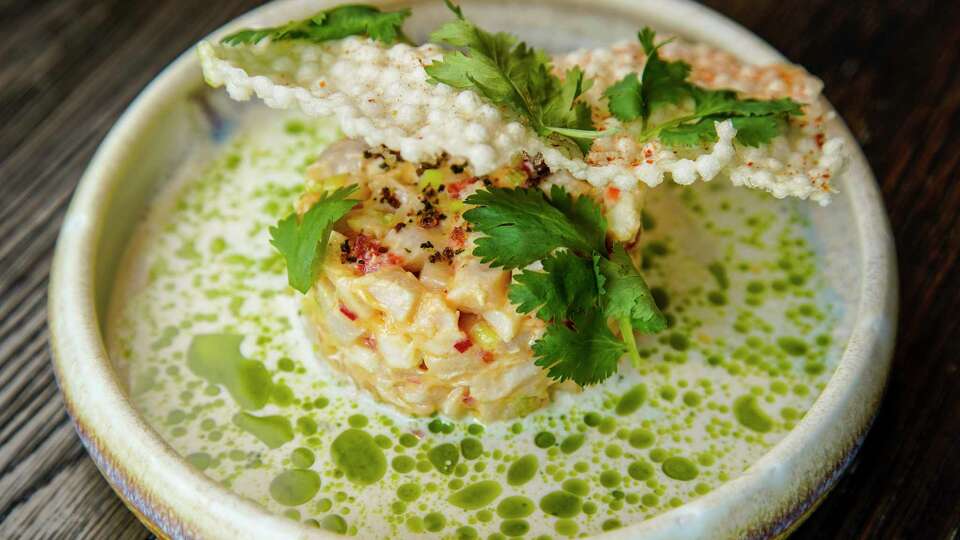 Hamachi Tartare with papaya, coconut and tapioca chip photographed at Navy Blue, 2445 Times Blvd, on Friday, July 21, 2023 in Houston.