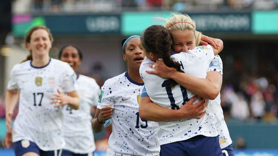 AUCKLAND, NEW ZEALAND - JULY 22: Sophia Smith (2nd R) of USA celebrates with teammate Lindsey Horan (1st R) after scoring her team's first goal during the FIFA Women's World Cup Australia & New Zealand 2023 Group E match between USA and Vietnam at Eden Park on July 22, 2023 in Auckland / Tamaki Makaurau, New Zealand.