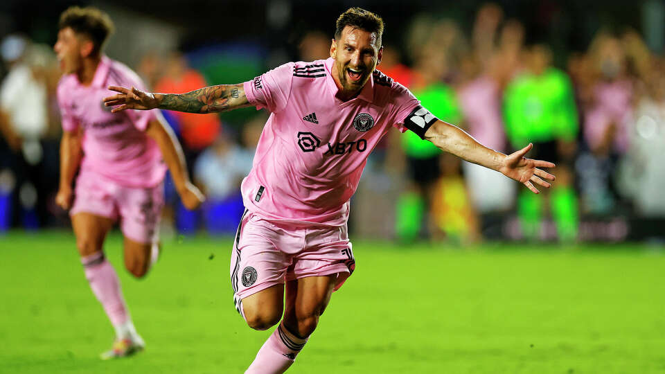 Inter Miami's Lionel Messi celebrates after scoring the game-winning goal during the second half in a Leagues Cup group match against Cruz Azul at DRV PNK Stadium on Friday, July 21, 2023, in Fort Lauderdale, Florida. (Stacy Revere/Getty Images/TNS)