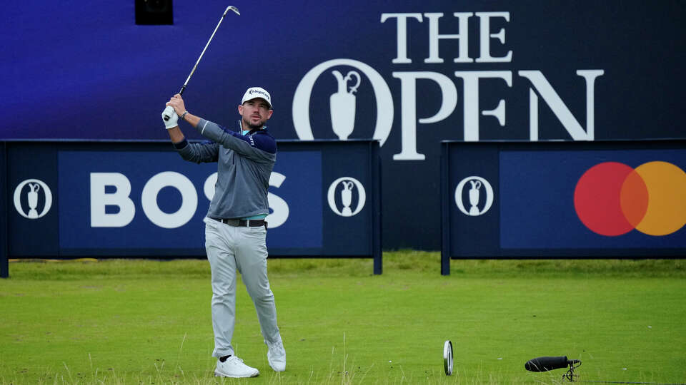 United States' Brian Harman plays his tee shot on the 17th hole during the third day of the British Open Golf Championships at the Royal Liverpool Golf Club in Hoylake, England, Saturday, July 22, 2023. (AP Photo/Jon Super)