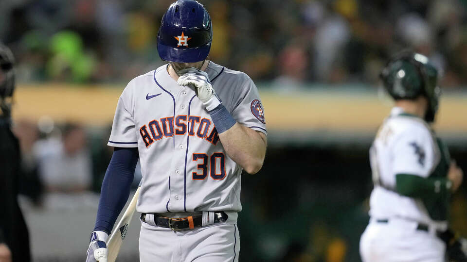 Houston Astros' Kyle Tucker (30) walks to the dugout after striking out against the Oakland Athletics during the eighth inning of a baseball game in Oakland, Calif., Saturday, July 22, 2023. (AP Photo/Jeff Chiu)