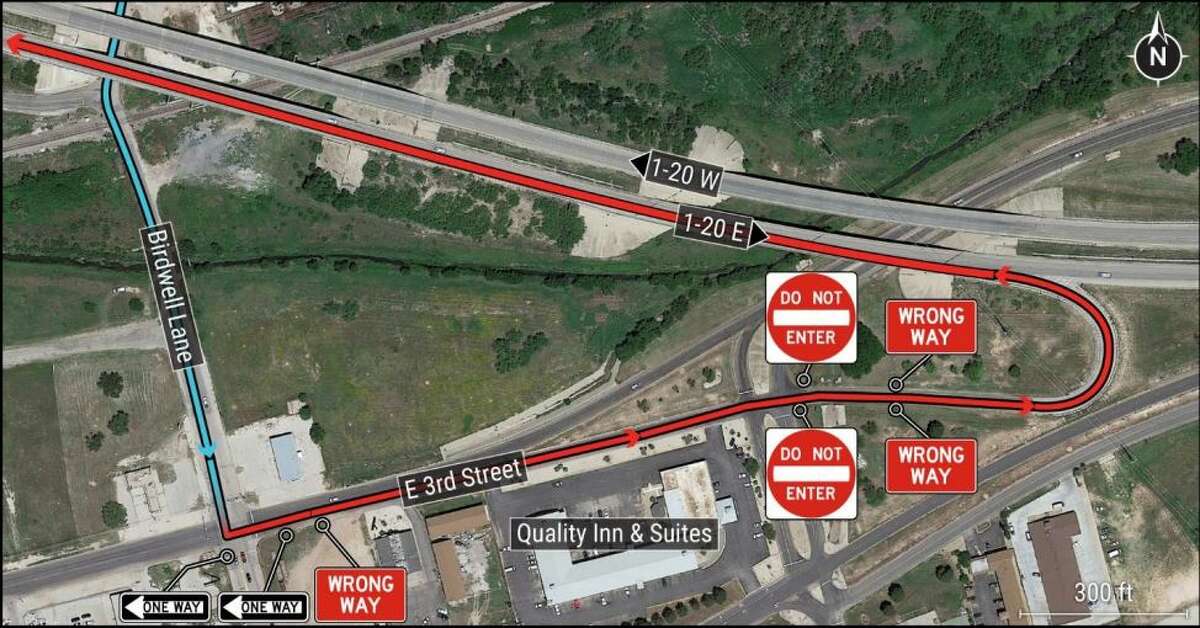 Traffic signs encountered by service truck driver indicating wrong-way travelfrom Birdwell Lane until he entered the exit ramp onto I-20. (Source: Google Maps;annotated by NTSB).