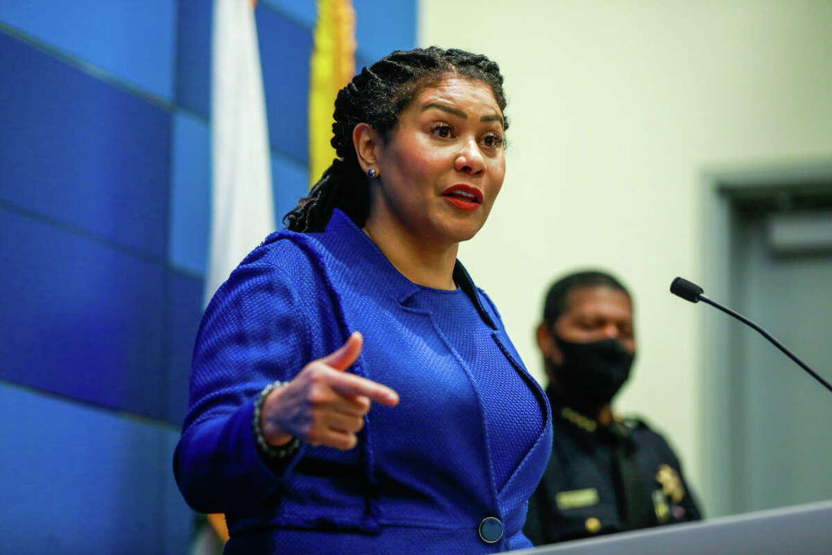 FILE: San Francisco Mayor London Breed speaks during a press conference to present 2021 crime statistics on violent crimes and property crime at the San Francisco Police Department Headquarters on Wednesday, Jan. 26, 2022 in San Francisco, California.