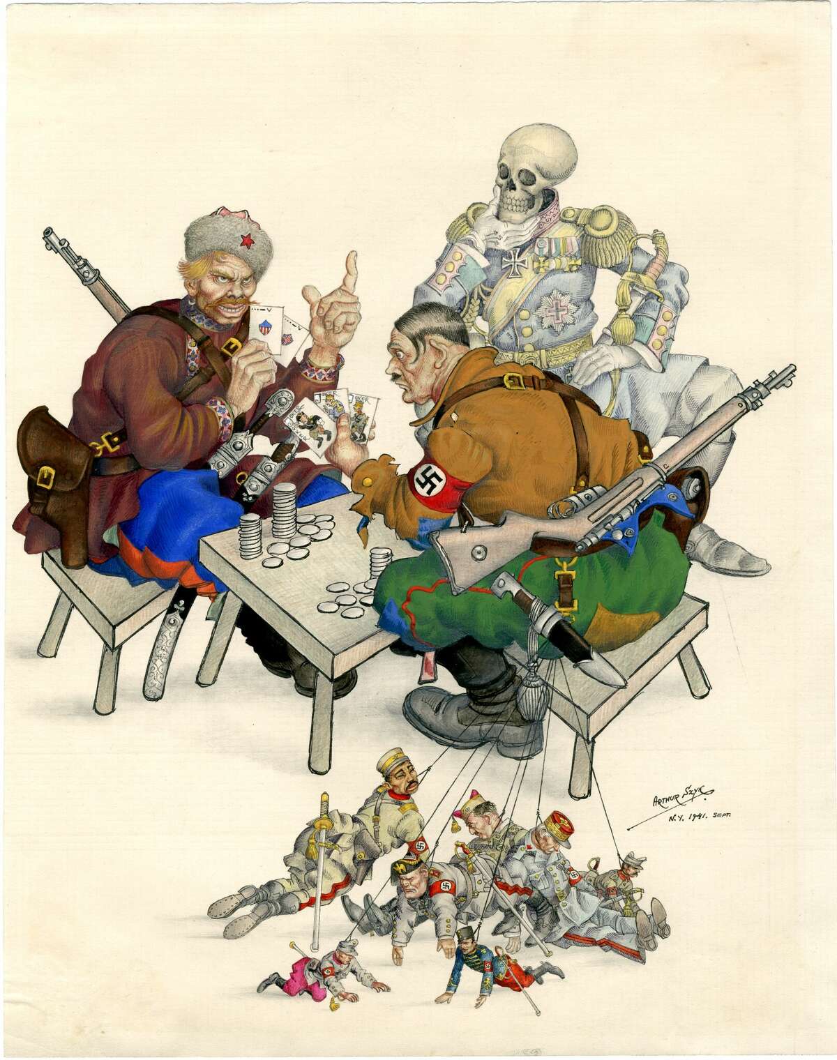 Arthur Szyk, The Silent Partner. 1941, watercolor, gouache, ink, and pencil on paper. Courtesy of Taube Family Arthur Szyk Collection, The Magnes Collection of Jewish Art and Life, University of California, Berkeley.