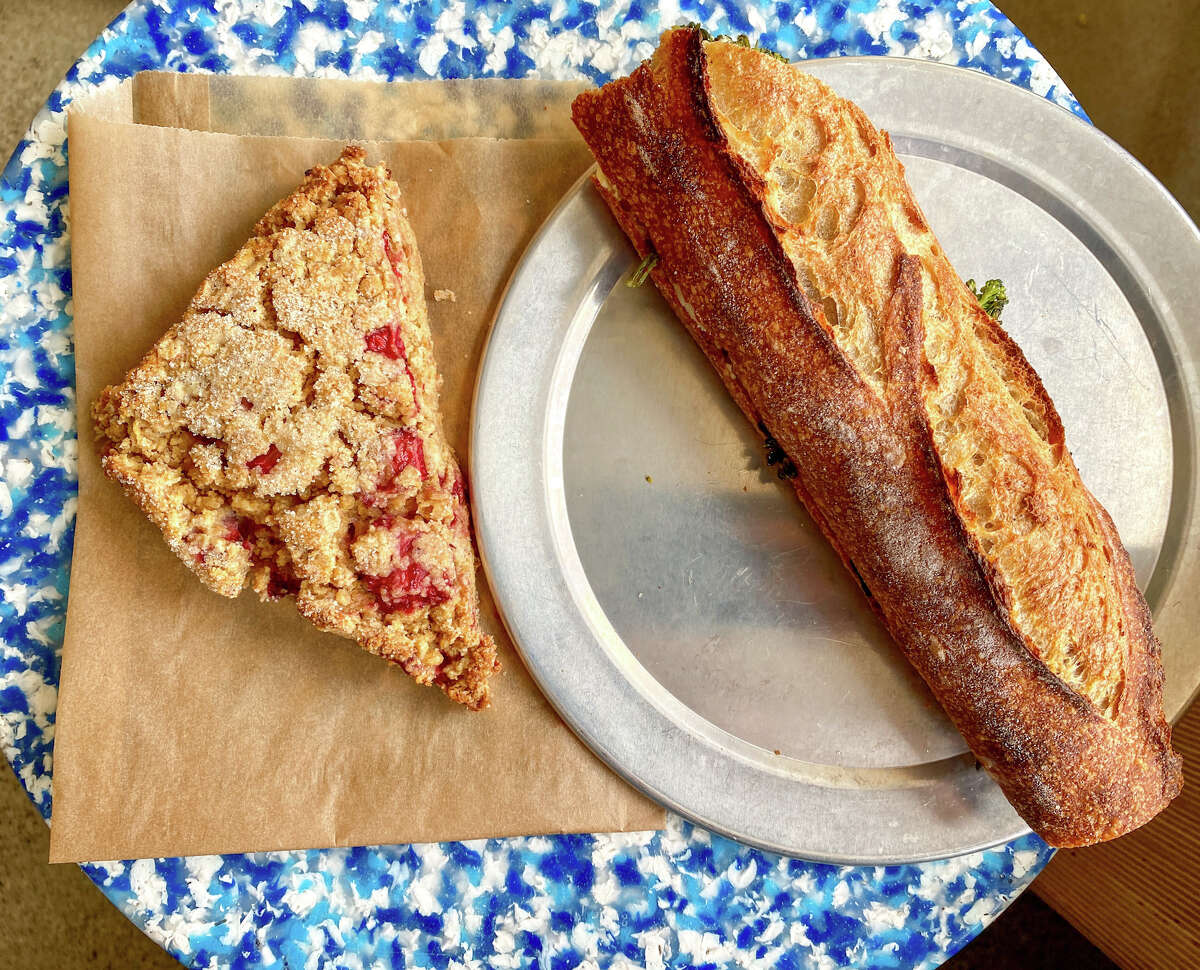 A strawberry scone and broccolini baguette sandwich from Day Moon, a new San Francisco bakery.