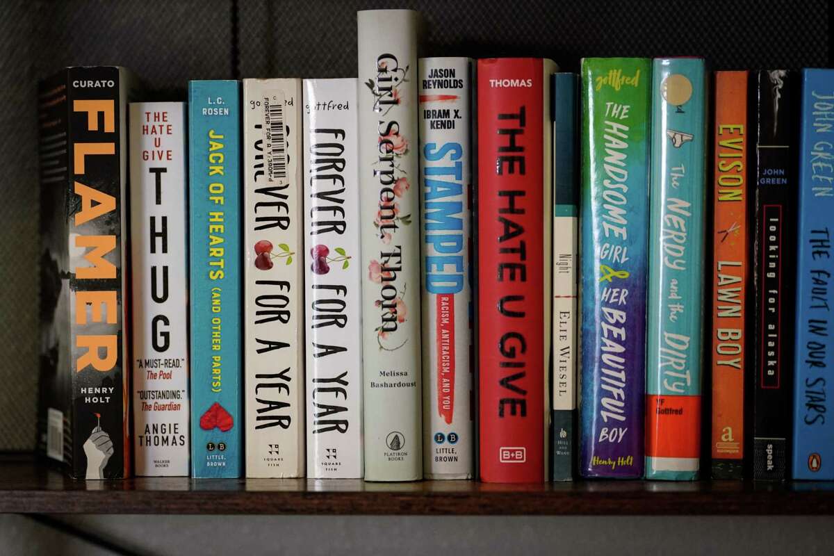 Books that have recently been challenged or banned in school districts sit on a shelf Sunday, Aug. 28, 2022, at First Christian Church in Katy. Earlier in the week, Katy ISD discussed a process to challenge, review and remove books during a school board meeting.