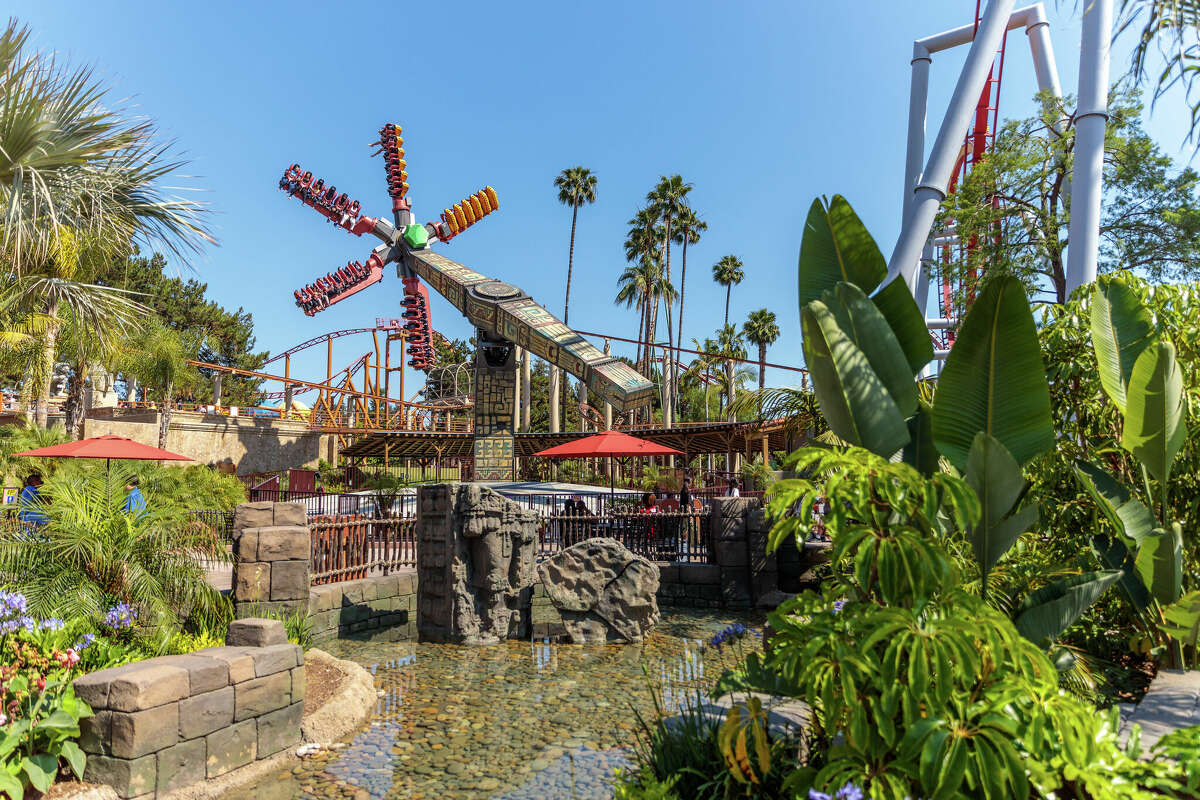 A look at the newly reopened Fiesta Village section of Knott's Berry Farm shows the thrill ride La Revolucion in action.