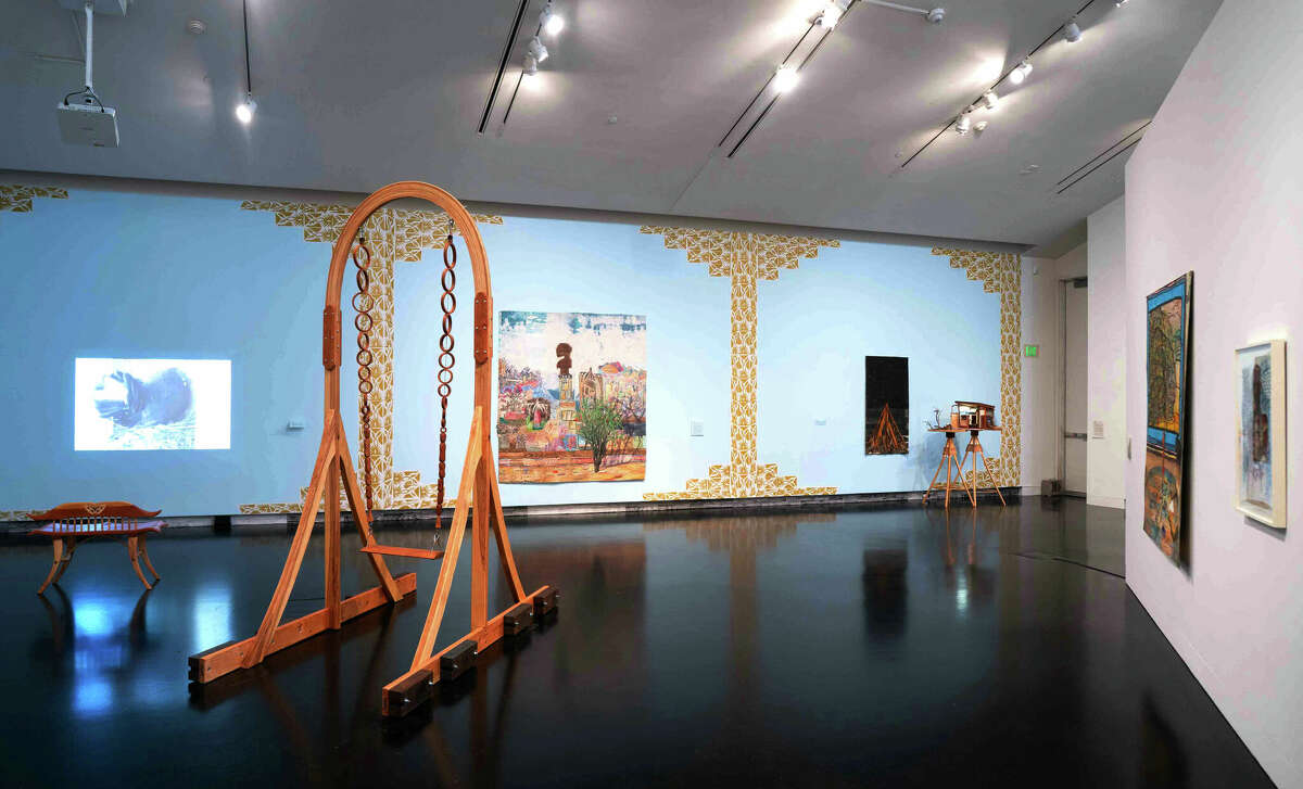 An Installation view of  “Paula Wilson: Toward the Sky’s Back Door” exhibit at The Tang Museum.