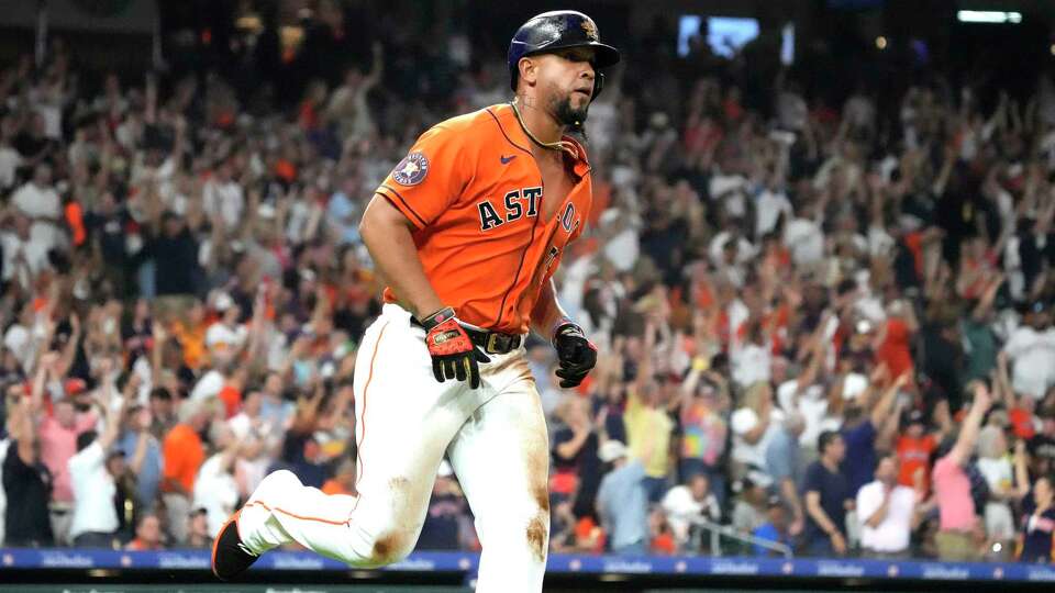 Houston Astros first baseman Jose Abreu (79) runs the bases after his two-run home run against Tampa Bay Rays starting pitcher Shane McClanahan during the fourth inning of an MLB baseball game at Minute Maid Park on Friday, July 28, 2023 in Houston.