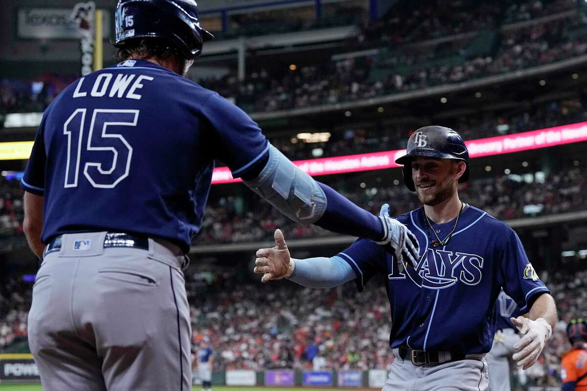 Tampa Bay Rays' Jose Siri poses for photographs after hitting a