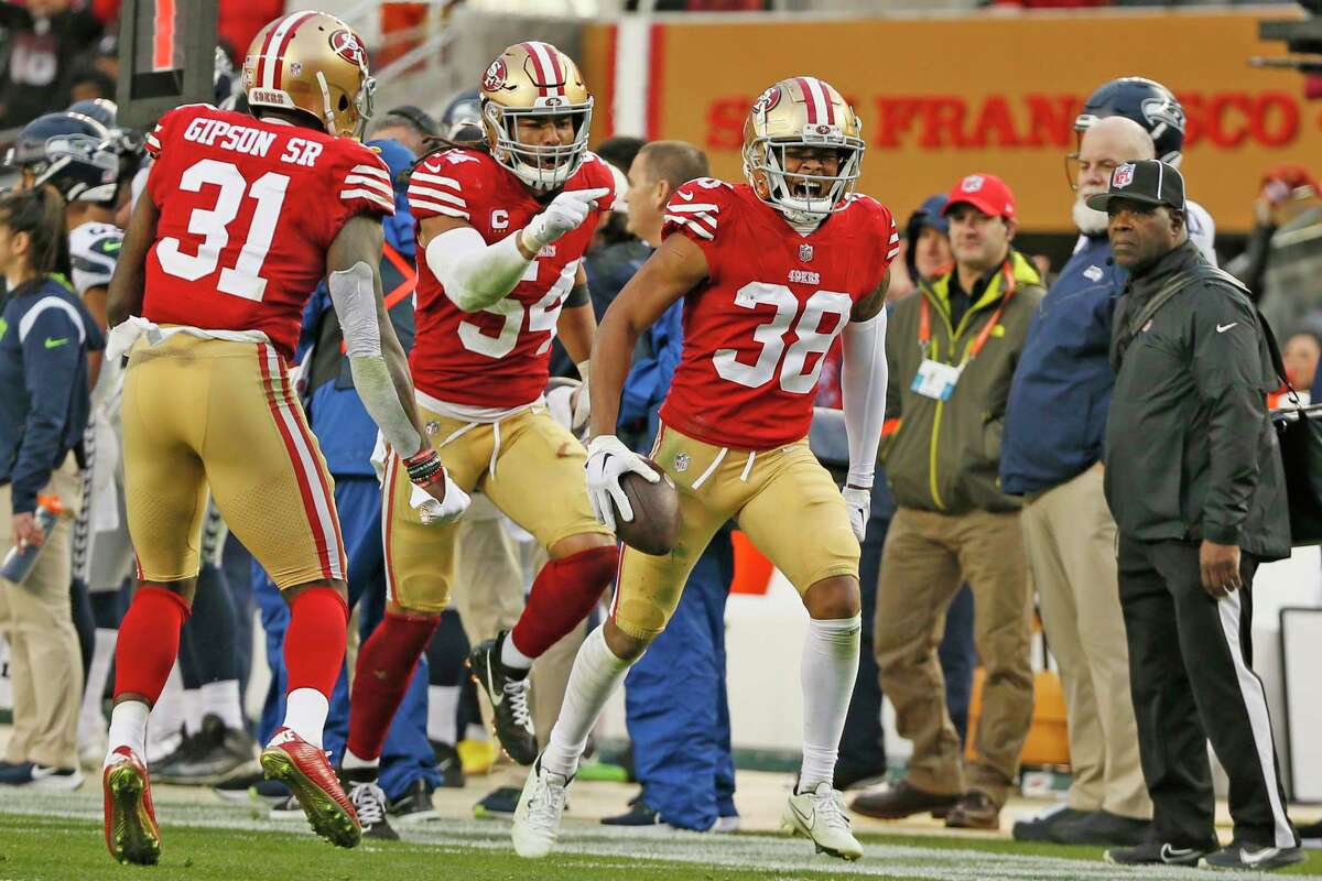 San Francisco 49ers cornerback Deommodore Lenoir (38) intercepts a pass  during an NFL divisional round playoff