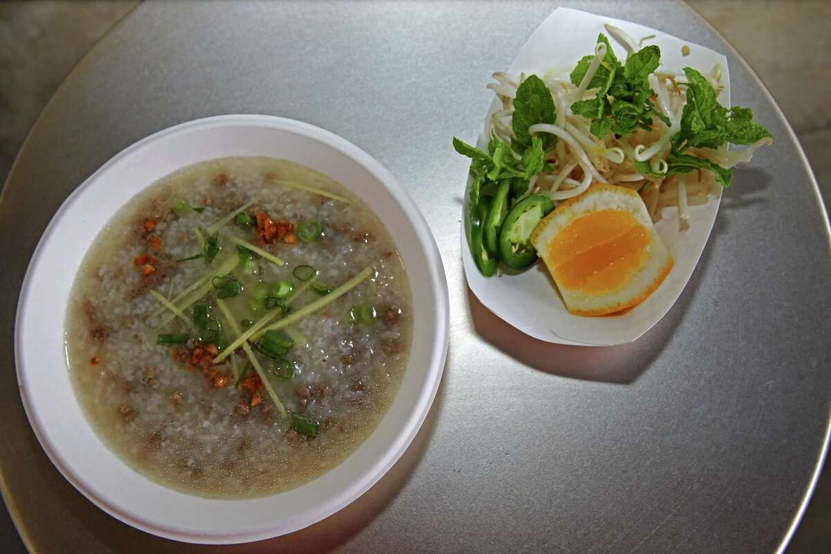 The farmers' porridge served with sprouts, mint and lemon at 3 Bottled Fish, a new Vietnamese cafe in Oakland.
