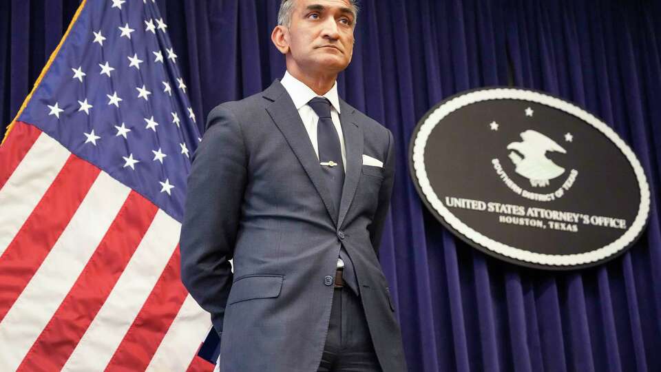 Alamdar Hamdani, U.S. Attorney, Southern District of Texas, announces that the FBI is seeking two people accused in a human smuggling and kidnapping for ransom operation at a news conference on Tuesday, Aug. 1, 2023, in Houston. 