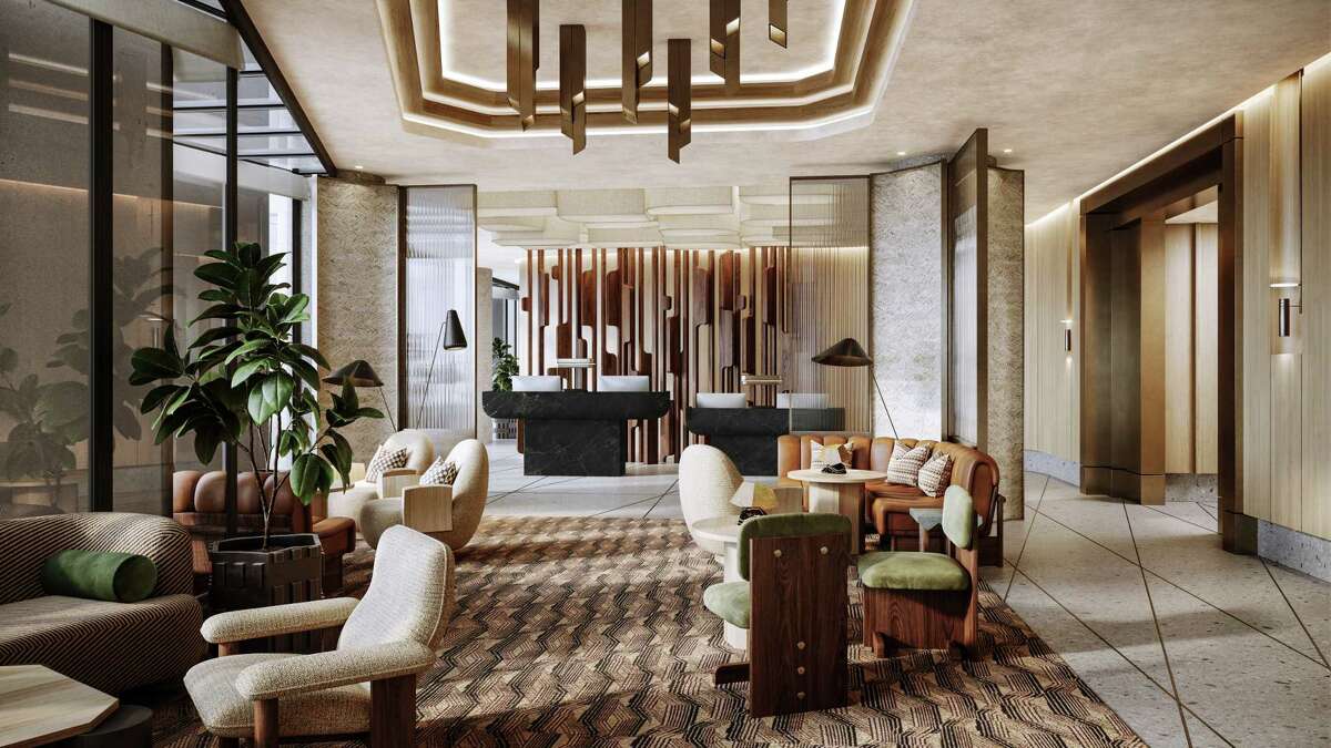 The Jay hotel, formerly Le Méridien, is being completely renovated, including its lobby, as seen in this rendering, fitness center, meeting rooms and all 360 guest rooms.