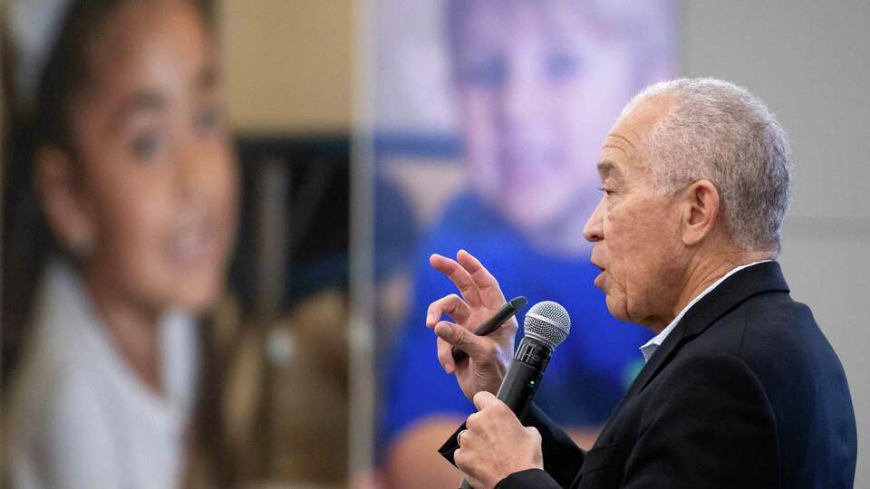 Houston ISD Superintendent Mike Miles speaks during a school board workshop at the Hattie Mae White Education Support Center, Thursday, Aug. 3, 2023, in Houston.