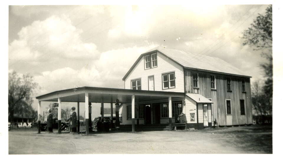 Old photograph of gasoline service station, located at Cypress Top Historic Park. Harris County Pct. 3 Parks Department works to renovate and restore the park.