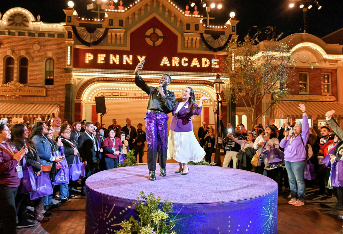 Disneyland Resort Ambassadors Mark Everett King Jr. and Nataly Guzman-Garcia during the Disney100 festivities on Jan. 26, 2023.