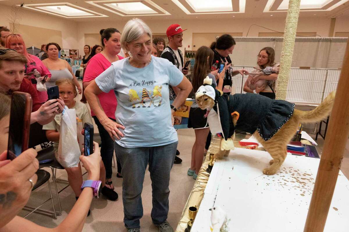 Brenda Wilde of Boston smiles with pride after her household rescue cat Milo, 9, wins the costume contest dressed as a penguin during the Saratoga Springs Cat Show at the Saratoga City Center in Saratoga Springs, N.Y. on Sunday, Aug. 6, 2023. (Lori Van Buren/Times Union)