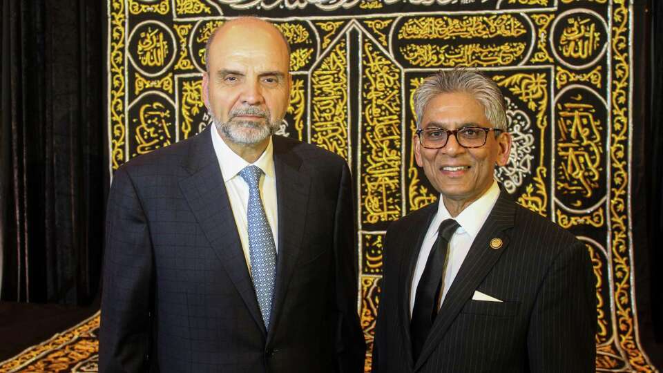 Masoud Baaba, left, and gala chair Zafar Tahir at the Islamic Arts Gala at the Westin Memorial City on August 6, 2023.