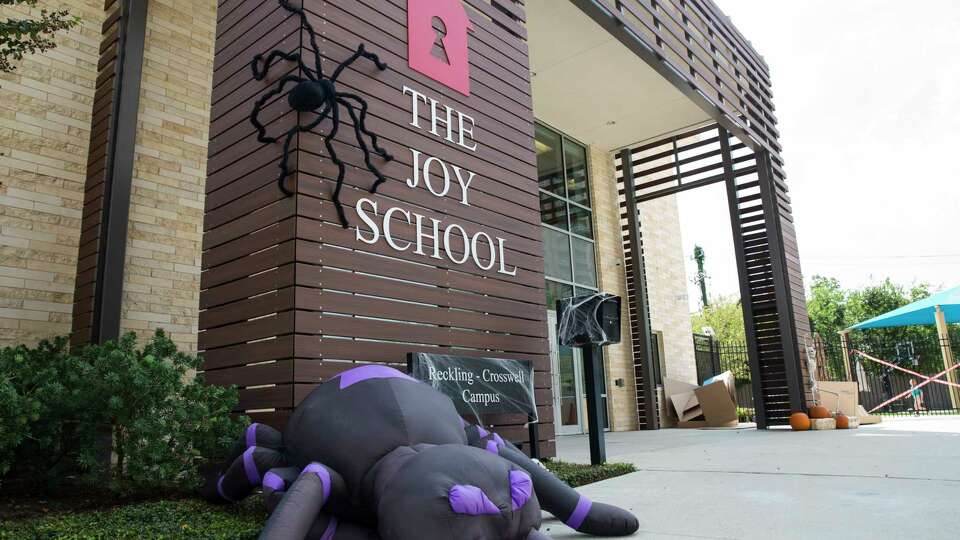The Joy School's front door is decorated with Halloween decors on Thursday, Oct. 3, 2019, in Houston. It is an alternative school for students with learning disabilities and its mission is to get kids to leave and go back to traditional schools.
