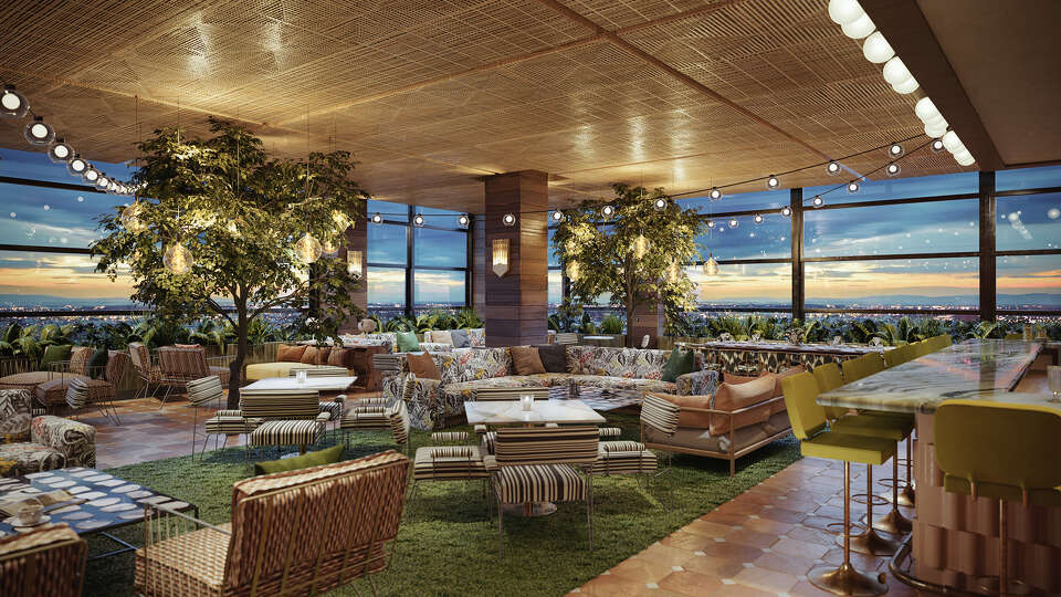 A rendering of a patio space at Park House Houston, expected to open in early 2024.