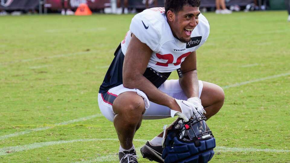 Houston Texans linebacker Henry To'oTo'o takes a break on the field at the end of practice during an NFL training camp Tuesday, Aug. 8, 2023, in Houston.